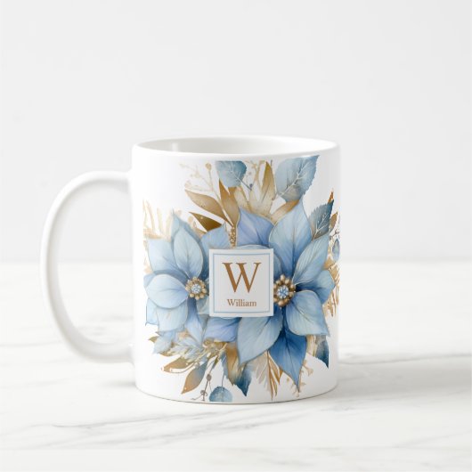 Icy Blauw Goud Poinsettia Kerstmis MONOGRAM Koffiemok (Links)