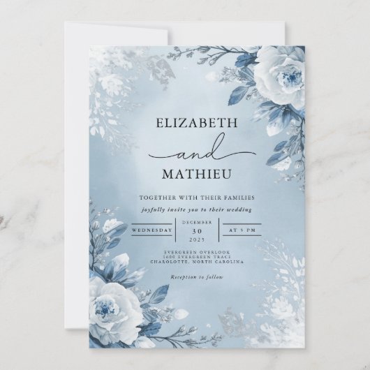 Icy Blue Botanical Bloom Wedding Kaart (Voorkant)