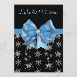 Icy Blue Bow op Black Winter Snowflakes Weddenscha Kaart