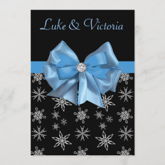 Icy Blue Bow op Black Winter Snowflakes Weddenscha Kaart