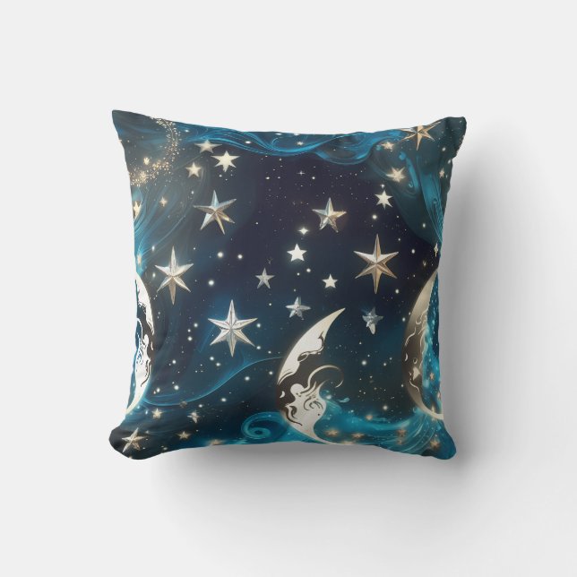 Icy Blue Celestial Moon Phases Pillow Kussen (Voorkant)