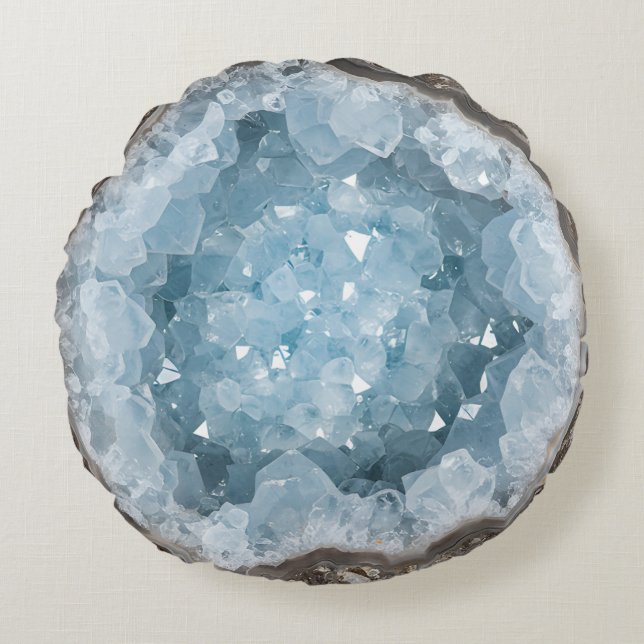 Icy Blue Celestite Crystal Geode Printed Gemstone  Rond Kussen (Voorkant)