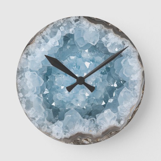 Icy Blue Celestite Crystal Geode Printed Gemstone  Ronde Klok (Voorkant)