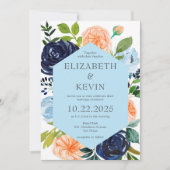 Icy Blue en Peach Waterverf Flowers Wedding Kaart (Voorkant)
