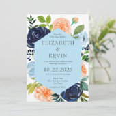 Icy Blue en Peach Waterverf Flowers Wedding Kaart (Staand voorkant)