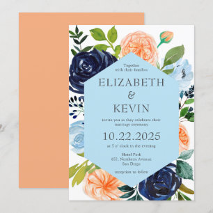 Icy Blue en Peach Waterverf Flowers Wedding  Kaart