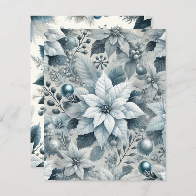 Icy Blue en White Poinsettia Scrapbook Paper (Voorkant / Achterkant)