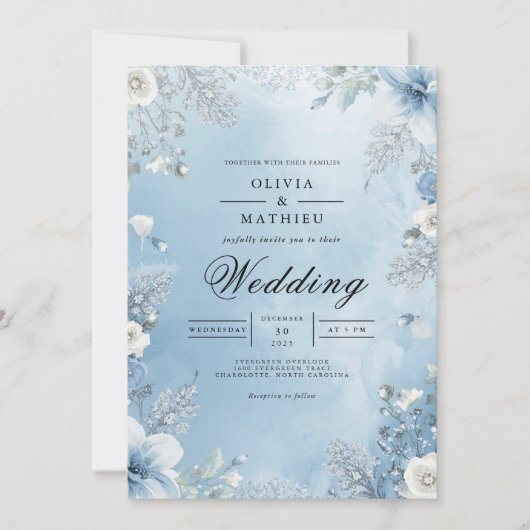 Icy Blue Floral Frame Wedding Kaart (Voorkant)