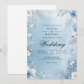 Icy Blue Floral Frame Wedding Kaart (Voorkant / Achterkant)