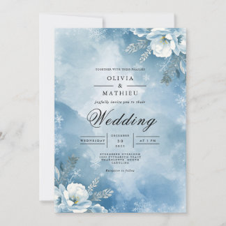 Icy Blue Floral Winter Wedding Kaart