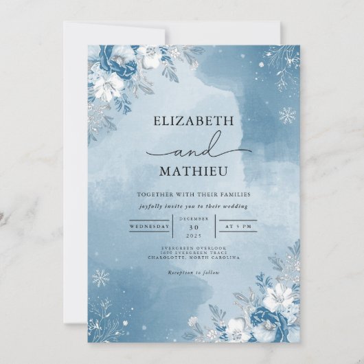 Icy Blue Floral Winter Wedding Kaart (Voorkant)