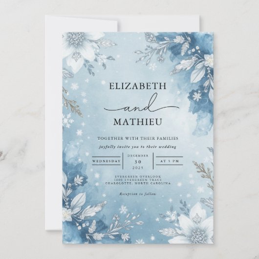 Icy Blue Floral Wreath Wedding Kaart (Voorkant)