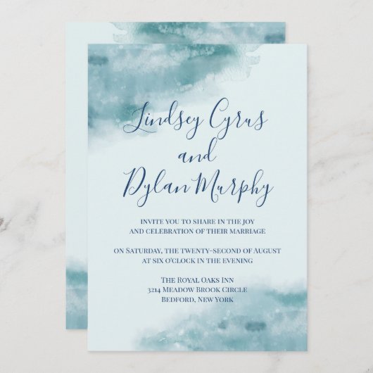 Icy Blue Frosted Waterverf Wedding Kaart (Voorkant / Achterkant)