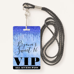 Icy Blue Glitter Drip Mermaid Sweet 16 VIP Pass Badge
