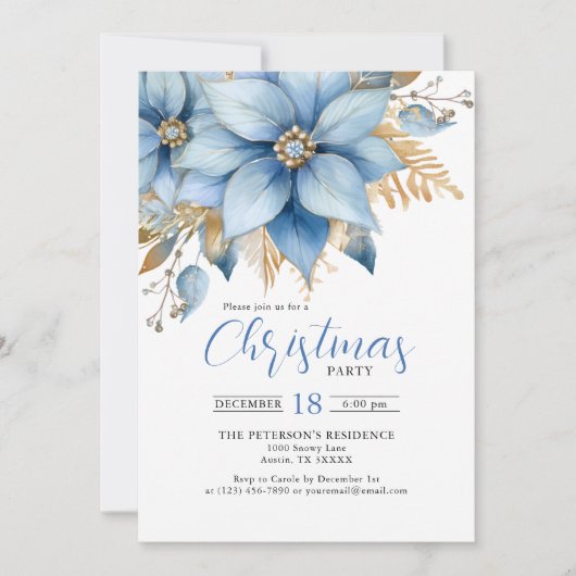 Icy Blue Gold Poinsettia Bloem KERSTFEEST Kaart (Voorkant)