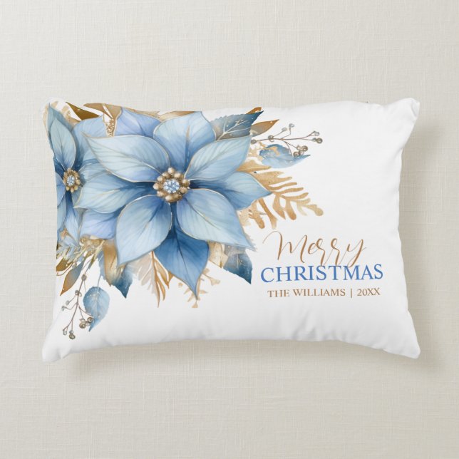 Icy Blue Gold Poinsettia Bloem Kerstmis Accent Kussen (Voorkant)