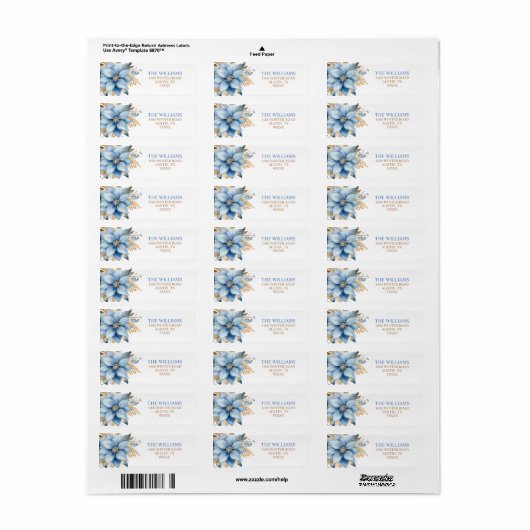 Icy Blue Gold Poinsettia Bloem Kerstmis Etiket (Full Sheet)