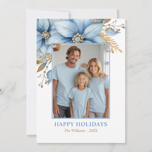 Icy Blue Gold Poinsettia Bloem Kerstmis FOTO Feestdagenkaart (Voorkant)