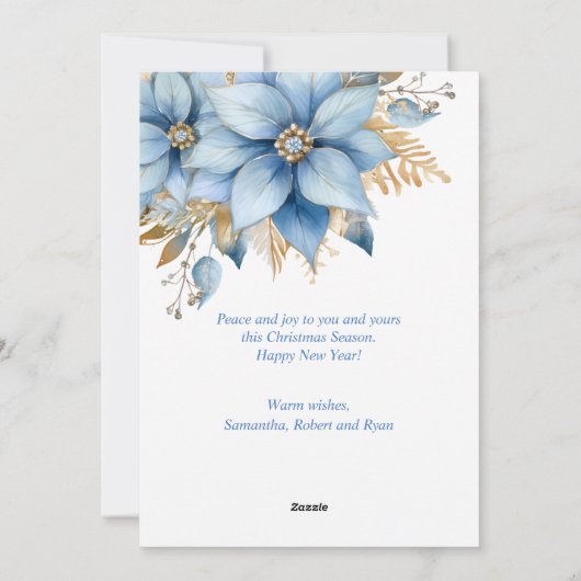 Icy Blue Gold Poinsettia Bloem Kerstmis FOTO Feestdagenkaart (Achterkant)