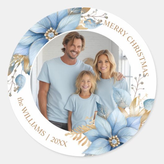 Icy Blue Gold Poinsettia Bloem Kerstmis FOTO Ronde Sticker (Voorkant)