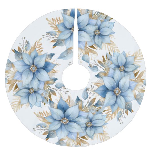 Icy Blue Gold Poinsettia Bloem Kerstmis Kerstboom Rok (Voorkant)