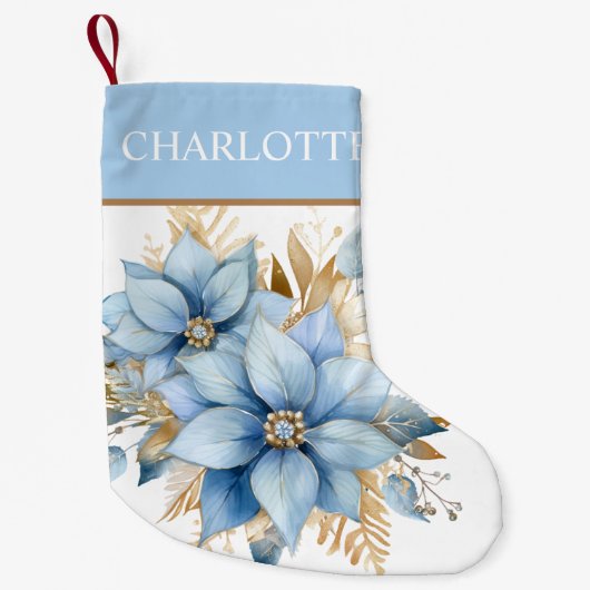 Icy Blue Gold Poinsettia Bloem Kerstmis Kleine Kerstsok (Voorkant)