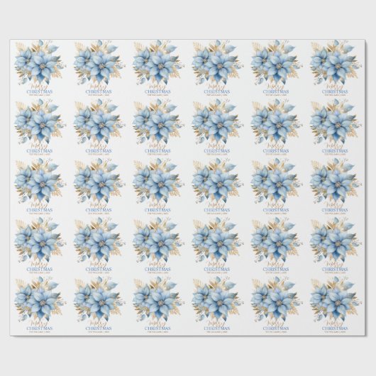 Icy Blue Gold Poinsettia Bloem Kerstmis | NAAM Cadeaupapier (Vlak)