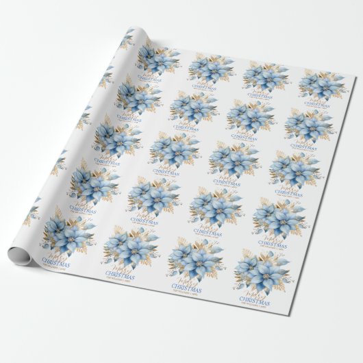 Icy Blue Gold Poinsettia Bloem Kerstmis | NAAM Cadeaupapier (Uitgerold)
