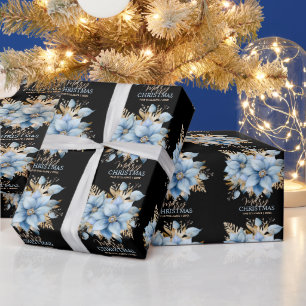 Icy Blue Gold Poinsettia Bloem Kerstmis NAAM Cadeaupapier