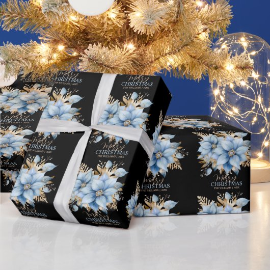 Icy Blue Gold Poinsettia Bloem Kerstmis | NAAM Cadeaupapier (Feestdagen)
