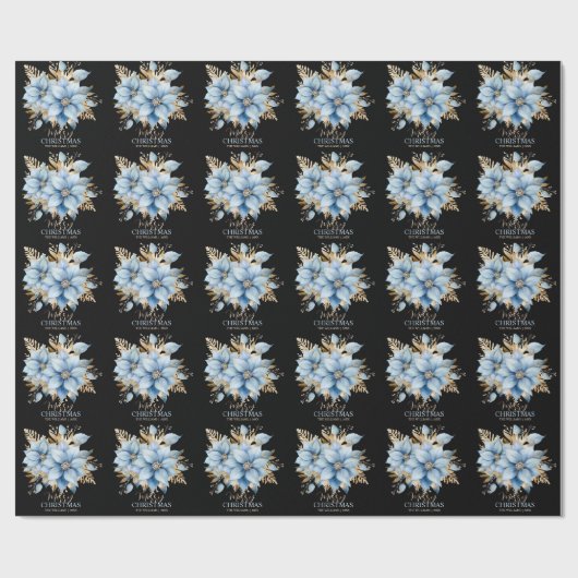 Icy Blue Gold Poinsettia Bloem Kerstmis | NAAM Cadeaupapier (Vlak)