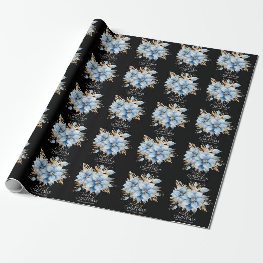 Icy Blue Gold Poinsettia Bloem Kerstmis | NAAM Cadeaupapier (Uitgerold)