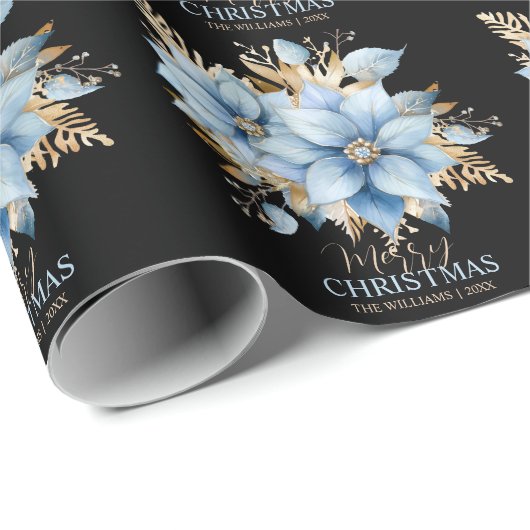 Icy Blue Gold Poinsettia Bloem Kerstmis | NAAM Cadeaupapier (Rol Hoek)