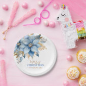 Icy Blue Gold Poinsettia Bloem Kerstmis Papieren Bordje (Feest)