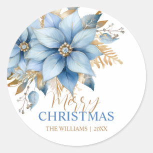 Icy Blue Gold Poinsettia Bloem Kerstmis Ronde Sticker
