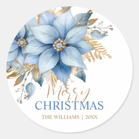 Icy Blue Gold Poinsettia Bloem Kerstmis Ronde Sticker (Voorkant)