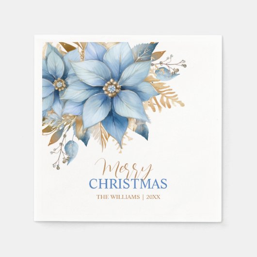 Icy Blue Gold Poinsettia Bloem Kerstmis Servet (Voorkant)