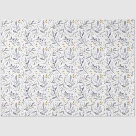 Icy Blue Gold Waterverf Winter Botanische Patroon Tissuepapier (Voorkant)