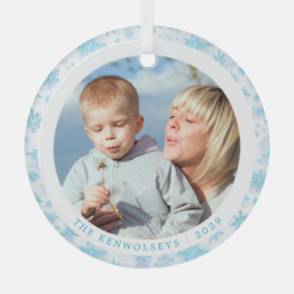 Icy Blue Snowflakes Familie Kerstfoto Glas Ornament