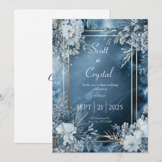 Icy Blue Winter Bloemen Huwelijksuitnodiging Kaart (Voorkant / Achterkant)