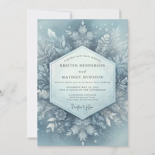 Icy Blue Winter Flora Wedding Kaart (Voorkant)