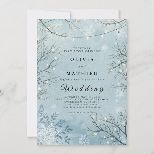 Icy Blue Winter Twig Floral Wedding Kaart (Voorkant)