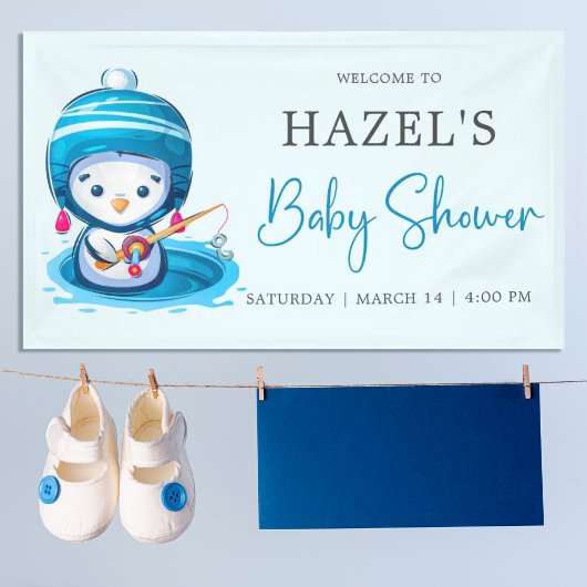 Icy Blue Winterpinguïn Vis Baby shower Spandoek