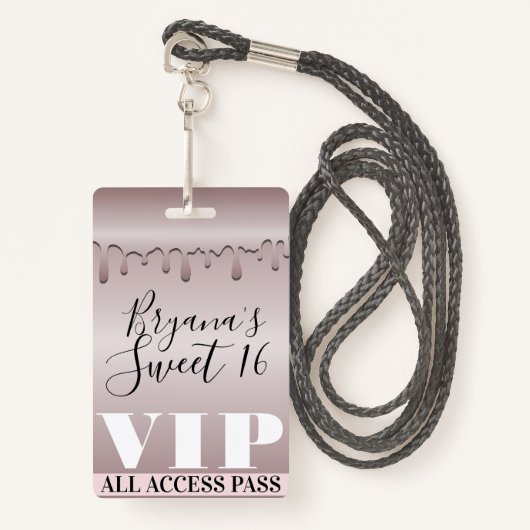 Icy Blush Roos Gold Pink Sweet 16 Zestien VIP Badge (Voorkant met draagriem)