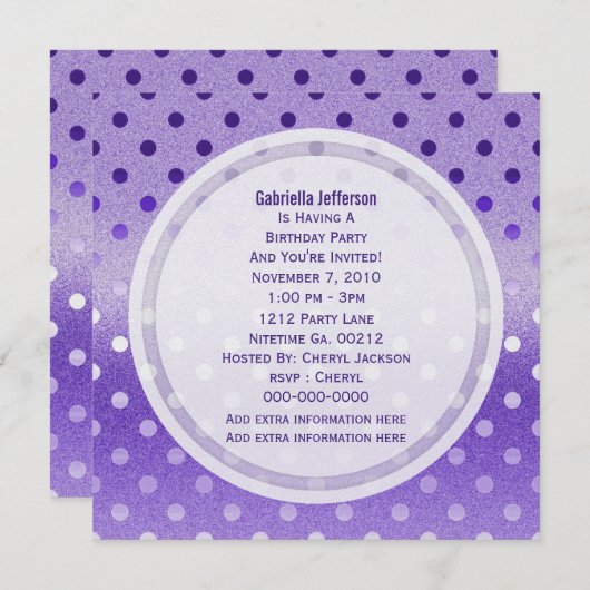 Icy Paarse Sparkle: Polka-stippen: partijuitnodigi Kaart (Voorkant / Achterkant)