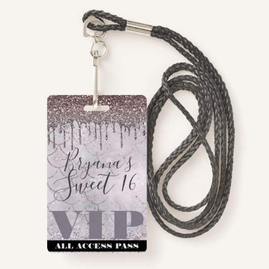 Icy Pink Glitter Drip Mermaid Sweet 16 VIP Pass Badge (Voorkant met draagriem)