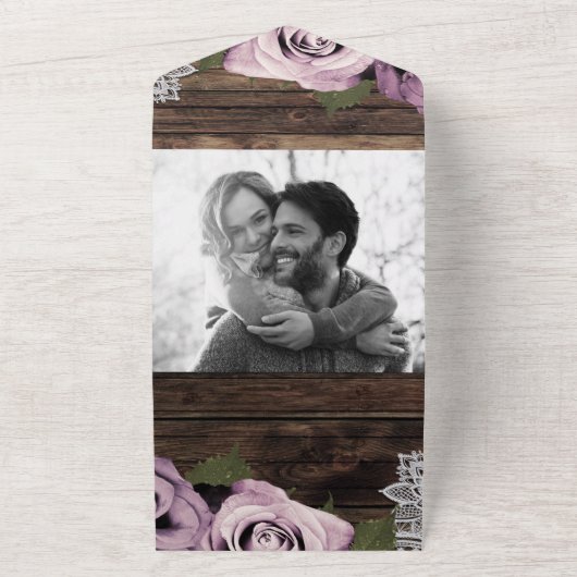 Icy Pink Mauve Rozen Lace Rustic Wood Weddenschap All In One Uitnodiging (Buitenkant)