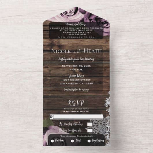 Icy Pink Mauve Rozen Lace Rustic Wood Weddenschap All In One Uitnodiging (Binnen)