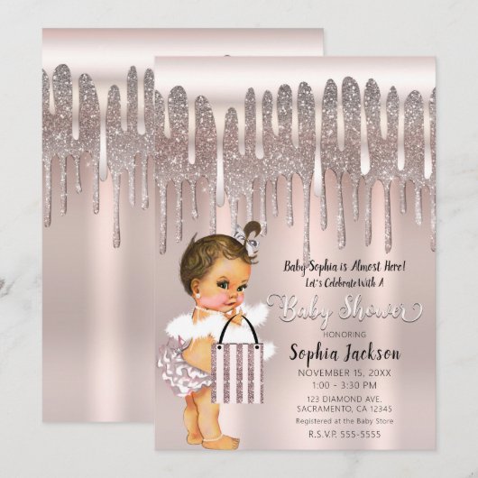 Icy Pink Rose Diamond Glitter Drip Baby shower Inv Kaart (Voorkant / Achterkant)