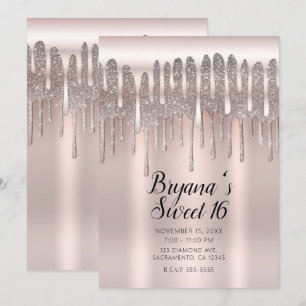 Icy Pink Rose Gold Diamond Glitter Drip Sweet 16 Kaart